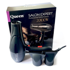 سشوار حرفه‌ای QUEEN مدل 2200W با موتور AC قدرتمند، دو نازل حرفه‌ای و طراحی ارگونومیک مناسب آرایشگاه و استفاده خانگی