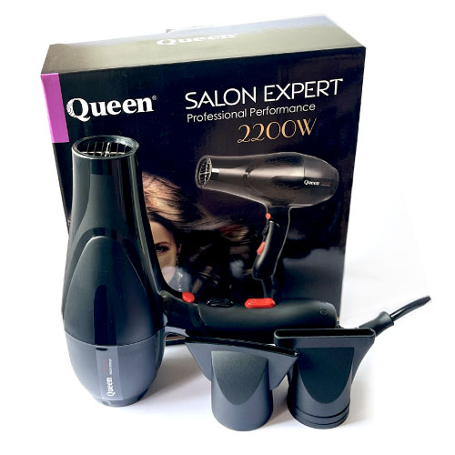 سشوار حرفه‌ای QUEEN مدل 2200W با موتور AC قدرتمند، دو نازل حرفه‌ای و طراحی ارگونومیک مناسب آرایشگاه و استفاده خانگی