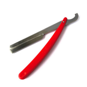 دسته تیغ اصلاح آرایشگری با بدنه فلزی و دسته پلاستیکی قرمز