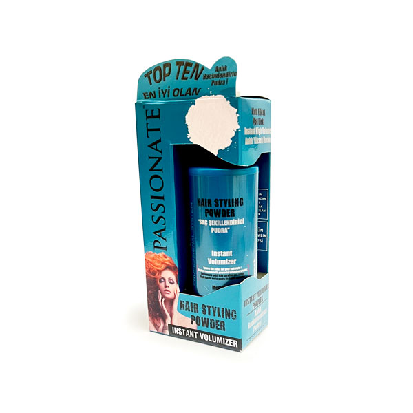 پودر حجم‌دهنده مو Passionate Instant Volumizer در بسته‌بندی مشکی و شیک، مناسب حجم‌دهی فوری و کنترل چربی مو