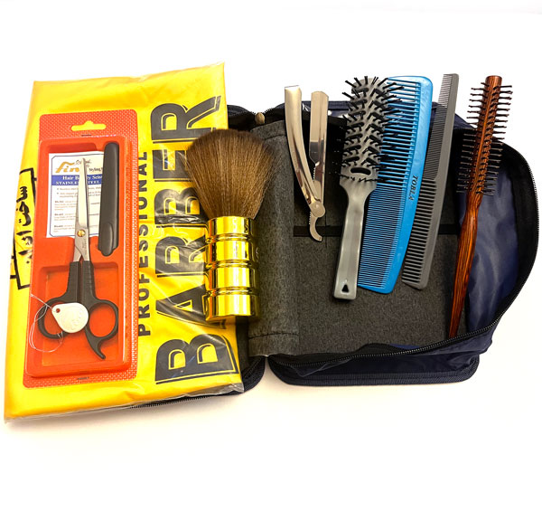 کیف اصلاح لاکچری مردانه شامل ست کامل اصلاح حرفه‌ای با قیچی، شانه و برس