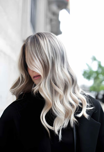 نمای نزدیک بالیاژ روی موهای موج‌دار